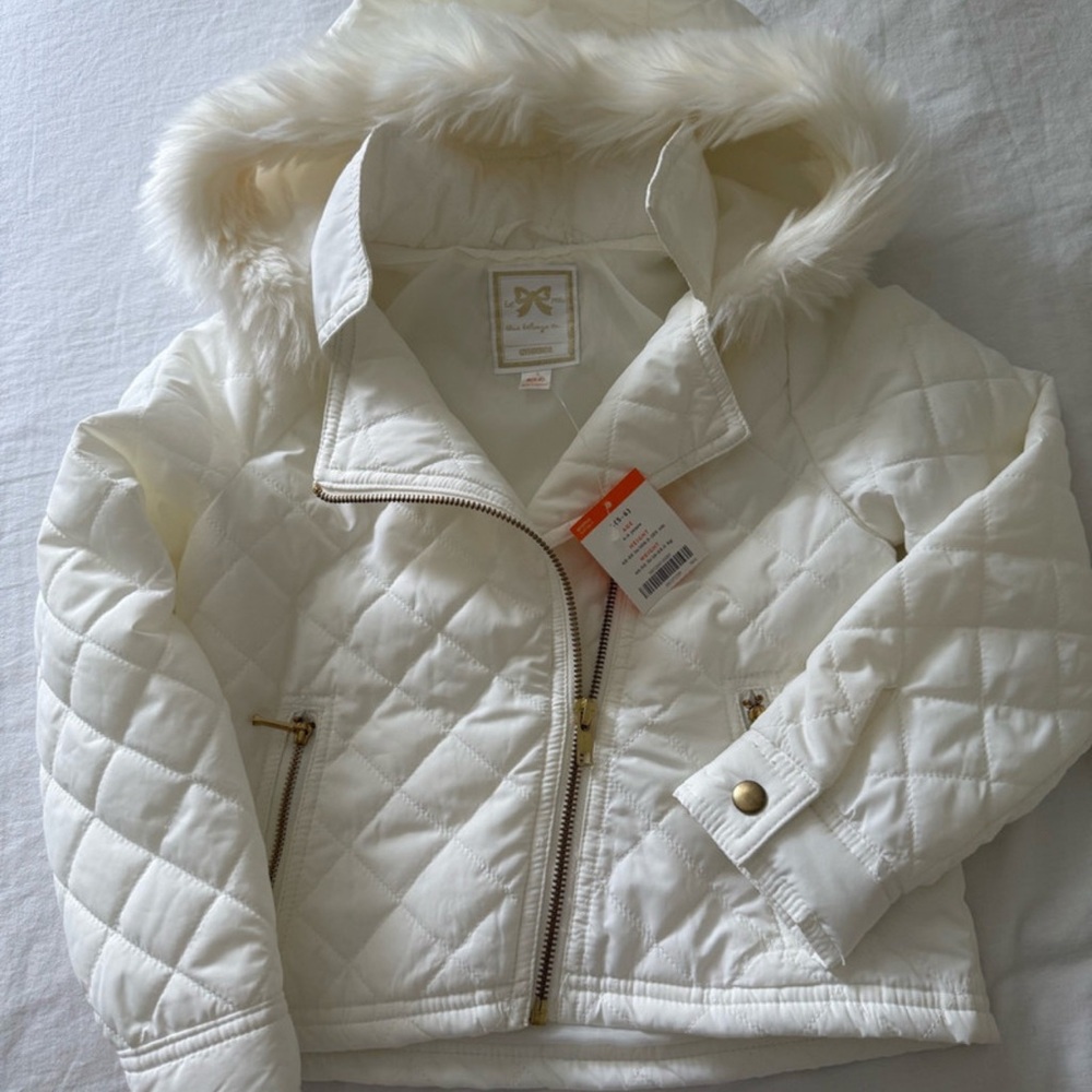 Gymboree White Quilted Puffer Jacket with Faux Fur Hood
